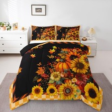 Pumpkin Bedding Set Fall Sunflowers Butterfly Comforter Set Boys Girls Geomet...