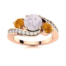 5MM Round Pink Quartz  Citrine 925 Sterling Silver Rose Plated Three Stone Ring