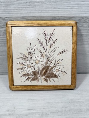 Ceramic Tile Trivet Oak Wood Frame Floral Daisy Wheat Boho Cottagecore