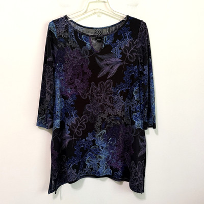 Clara Sun Woo Popover Top S 3/4 Sleeve Keyhole Tunic Party Work Floral Artsy