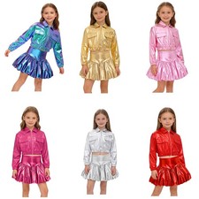 Kids Girls Costume Hip Hop Outfits Jazz Dancewear Metallic Set Turn-Down Dance