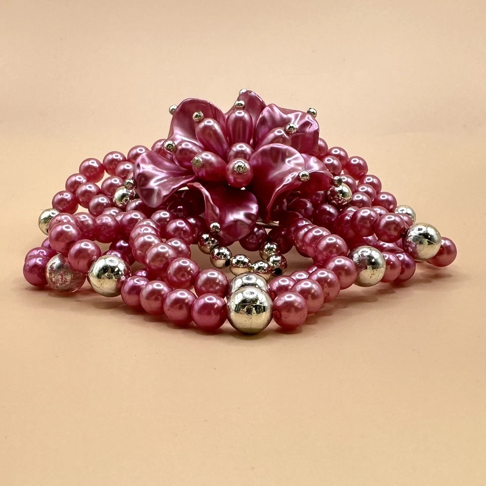 Clip de pelo de colección años 80 con cuentas imitación perla lazo ROSA CALIENTE Y DORADO lazo pasador boda Foto 3 de 4