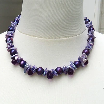 Keshi Perlen Kette Amethyst Collier Süßwasserperlen Edelstein Kette Unikat 4869 - Bild 1 von 4