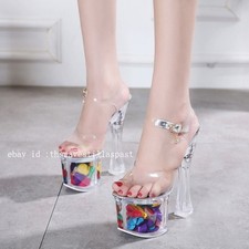 Women's Clear Transparent Super High Heel Platform Ankle Strap Dress Dance Shoes