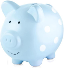 Large Ceramic Piggy Bank, Blue Polka Dots, Ideal for Boys and Girls, Kids, Money