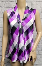NWT NINE WEST V-NECK TIE SASH CHECK PURPLE BLACK GRAY SATEEN DRESS TANK TOP