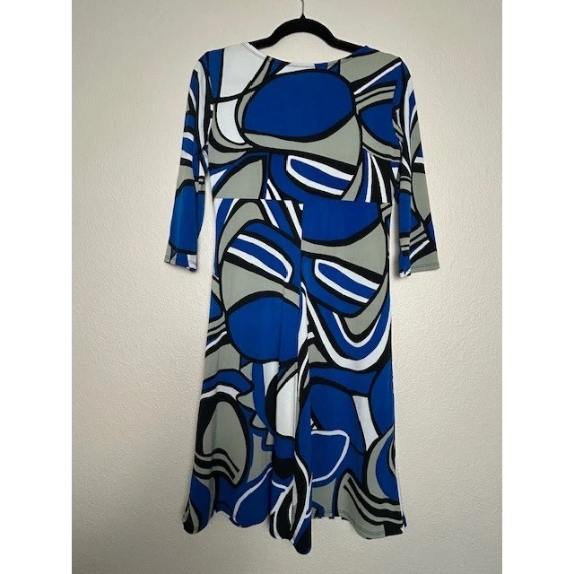 BISOU BISOU M Midi Dress Blue Gray White Stretch Abstract Print Modern Artsy - Image 3 of 4