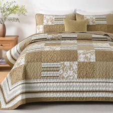3 Pieces Patchwork Quilt Set Size n White Plaid Design Bedding Set, King Brown