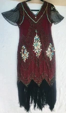 Jicagom Flapper Dress Medium Burgundy Fringed Sequin Roaring Short Sleeve V-Neck