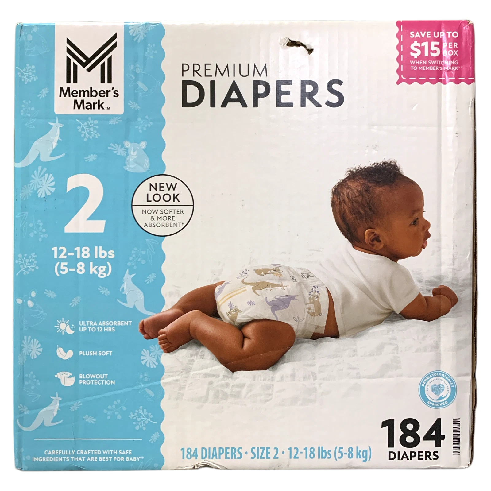 Member's Mark Premium Diapers, Hypoallergenic, Size 2 (12-18lbs.), 184 Count.