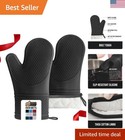 Stain-Resistant Silicone Cooking Gloves - Soft Cotton Lining, Black Oven Mitts