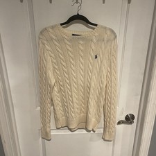 Polo Ralph Lauren Men's Ivory Cotton Cable-Knit Crew Neck Logo Sweater M