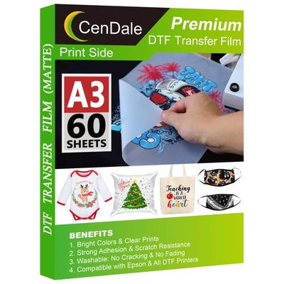 DTF Transfer Film - A3 (11.7'' x 16.5'') 60 Sheets Double-Sided Matte Clear Pre...