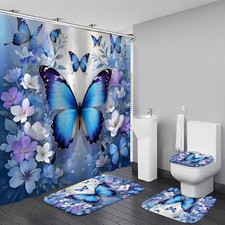 4 Pcs Blue Floral Butterfly Shower Curtain Set with Non-Slip Blue  Purple