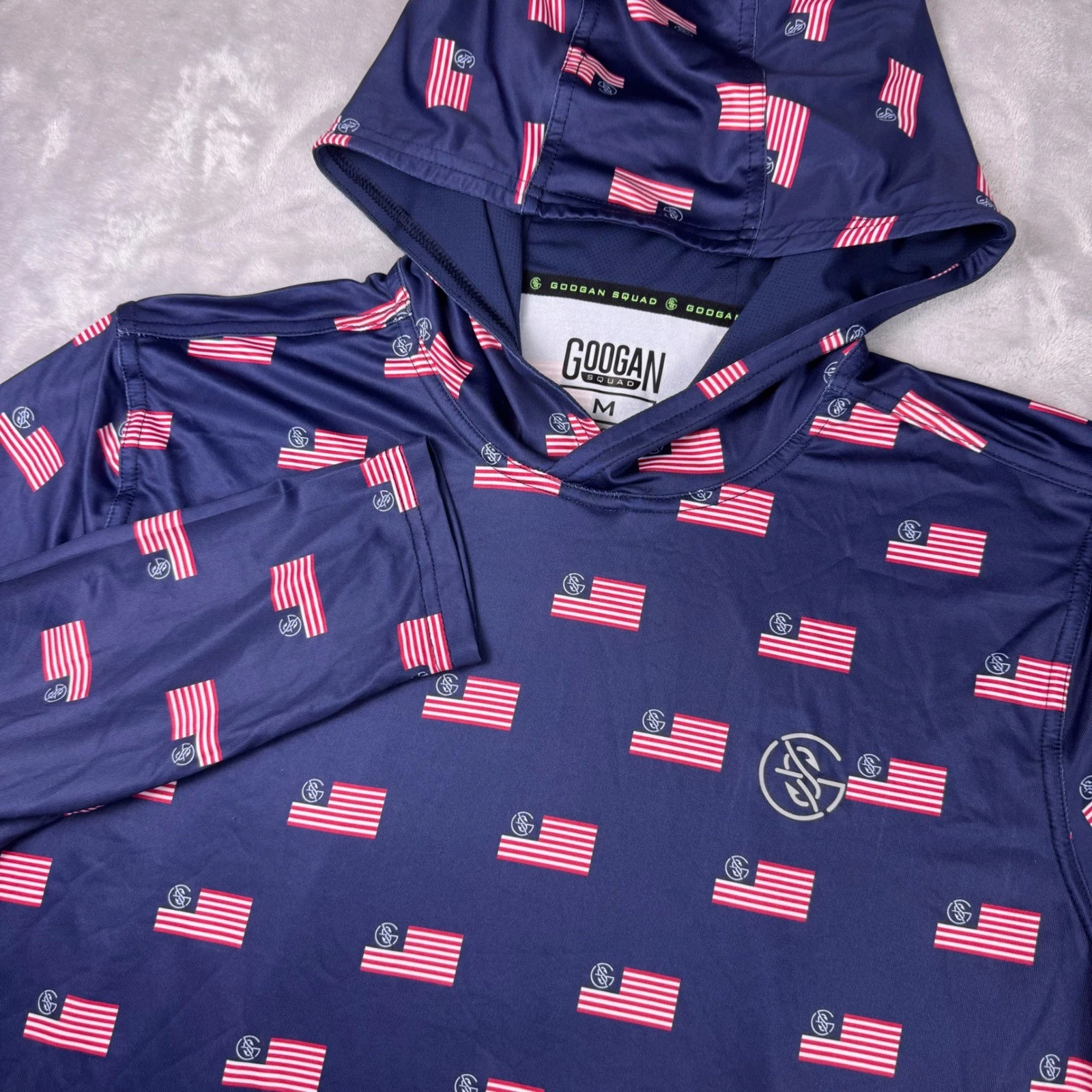 Googan Squad Mens Performance Sun Hoodie Navy American Flag Fishing Shirt Size M