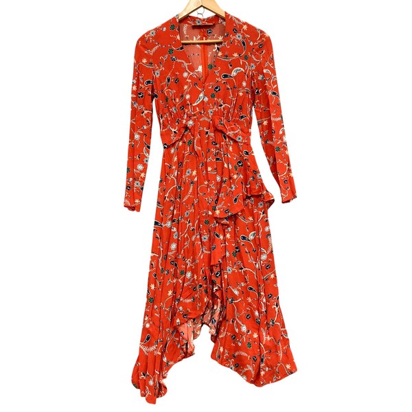 Rodeo Show Dress Womens 6 Orange Floral Fit & Flare Hi-Low Maxi Belted Ruffle