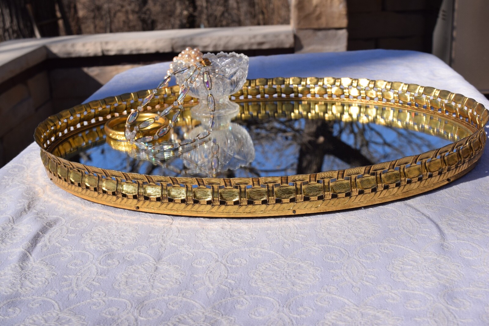 Vintage Gold Vanity Perfume Mirrored Tray, circa 1950's, Shaby Chic Oval Mirror Falak Tayyeb