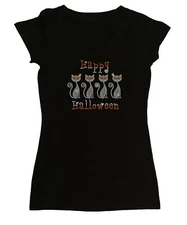 Women's Rhinestone Fitted Tight Snug Shirt " Happy Halloween Cats with Masks "
