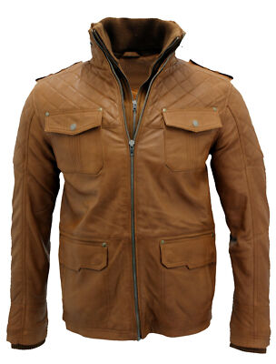Men's 100% Genuine Sheepskin Leather Jacket Tan Brown Zipper Moto Biker Outwear