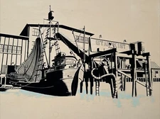 ANTIQUE PAINTING AMERICAN REGIONALISM TUNA STARKIST FACTORY WPA STYLE NAUTICAL