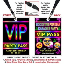 POP STAR ROCK STAR LANYARD VIP, Karaoke, Birthday Party Invitation, Personalised