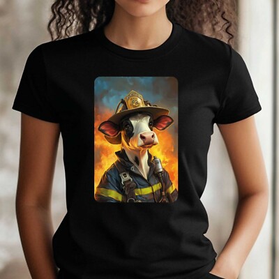 Frauen T-Shirt Kuh als Feuerwehrmann Motiv Baumwolle Größe S bis 3XL