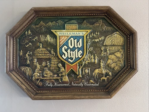 Vintage Heileman’s OLD STYLE Plastic beer Woodcarving Octogon Advertising Sign