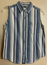 Vtg Jordache Womens Jrs L Denim Blue Striped Pearl Snap Sleeveless Top