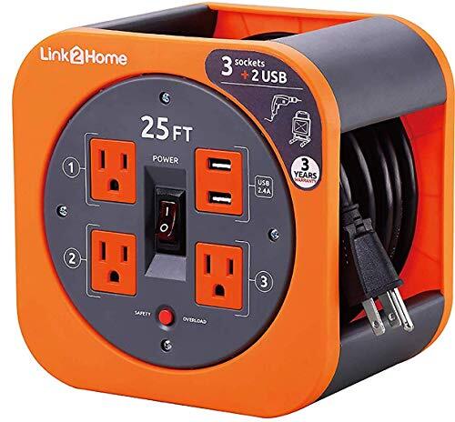 Link2Home Retractable Extension Cord Reel 25 Ft. With 3 Outlets 2 USB Ports &...