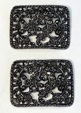 Vintage Pair Floral Open Work Floral Scroll Aged Silver Tone Shoe Clips Buckles