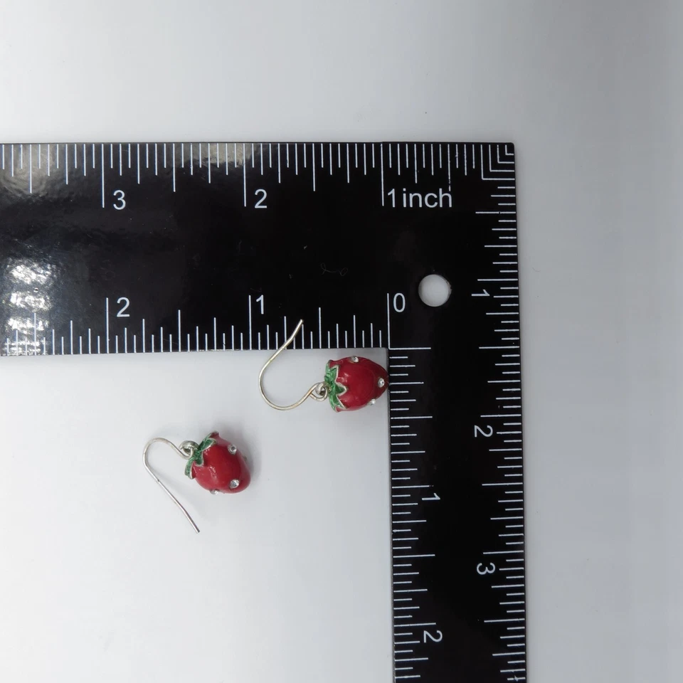 Linda coqueta pendientes colgantes fresa esmalte rojo verde tono plata  Foto 3 de 4