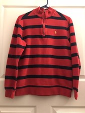 Polo Ralph Lauren L/S Quarter Zip Striped Sweater Boys XL 18-20 Red Navy