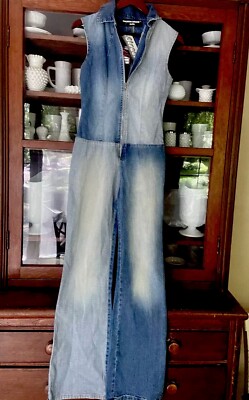 VTG Madison Ave Girl Denim Blue Jean Jumpsuit M Stretch Sleeveless Italy 2 tone