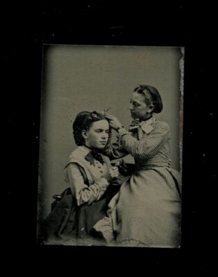 Wonderful Miniature Gem Tintype Two Girls Putting Flowers in Hair 1860s Photo