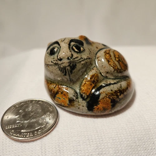 Vintage Jorge Wilmot Tonala Cat Figurine Curled Up Mini Round Mexico 1.125"H