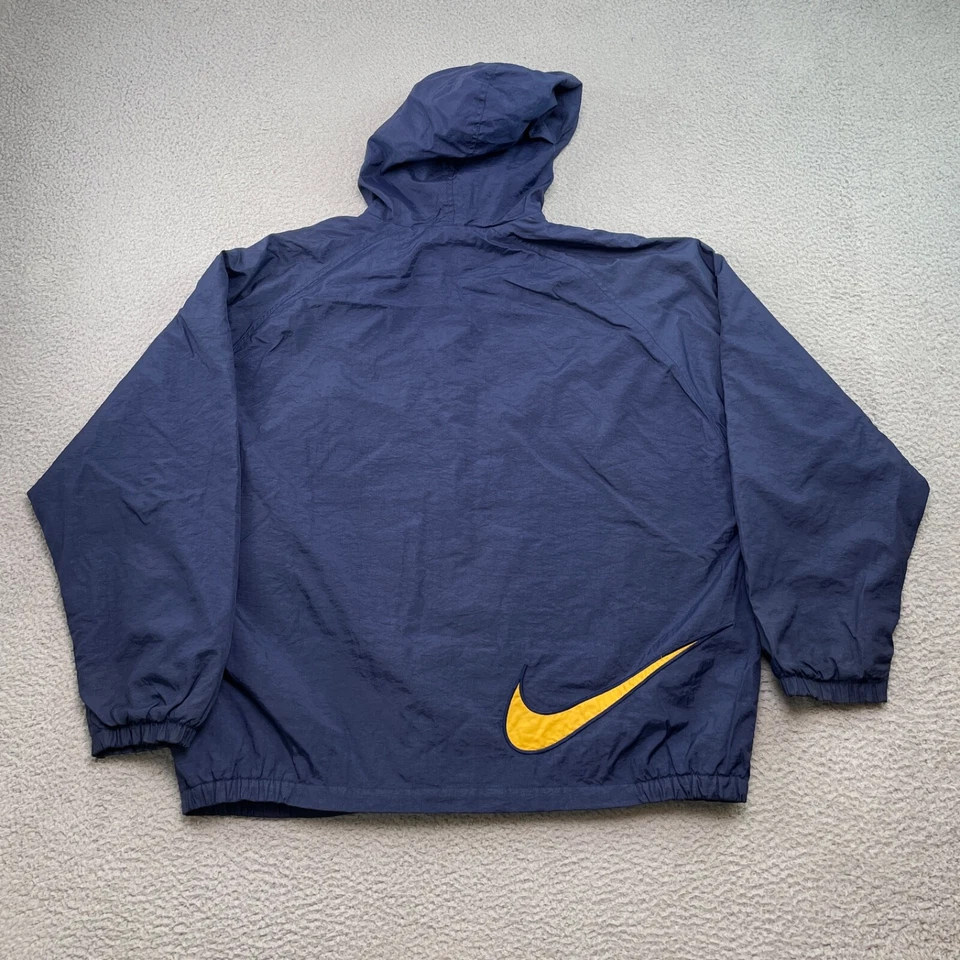 Винтажный Nike куртка мужская 2XL темно-синий желтый ветровка серебро 90-х капюшон трек - Изображение 2 из 4