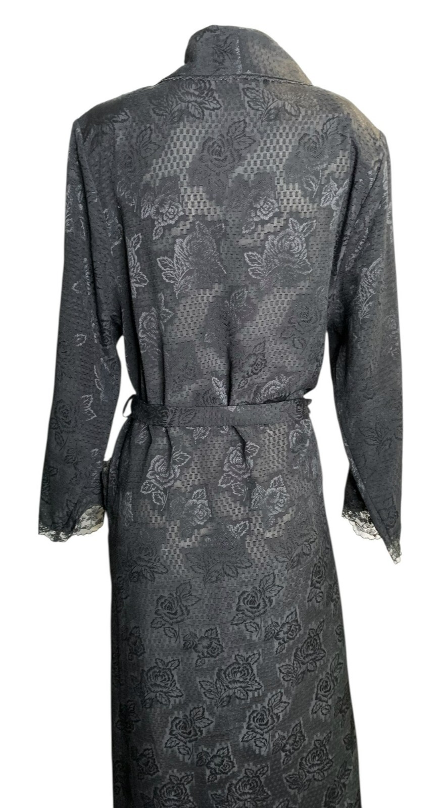 VTG Fantasies by Morgan Taylor Black Floral Jacquard Robe Lace Trim shoulder pad