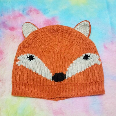 Fox Beanie Winter Hat Orange Knit Boys Small Medium Baby Gap Face Ears  - Main Image