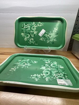 Vintage Metal Green White Rose Bouquets Tray Set Of 5 Tv dinner Tray, Garden Tea