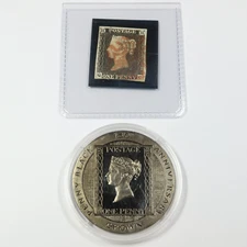 1990 ISLE OF MAN Royal Mail 150th Anniv Penny Black Crown Coin and Stamp #45246J