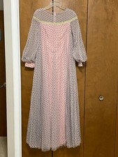 Lantern Sleeve Tape Detail Swiss Dot Mesh Overlay Dress Size L