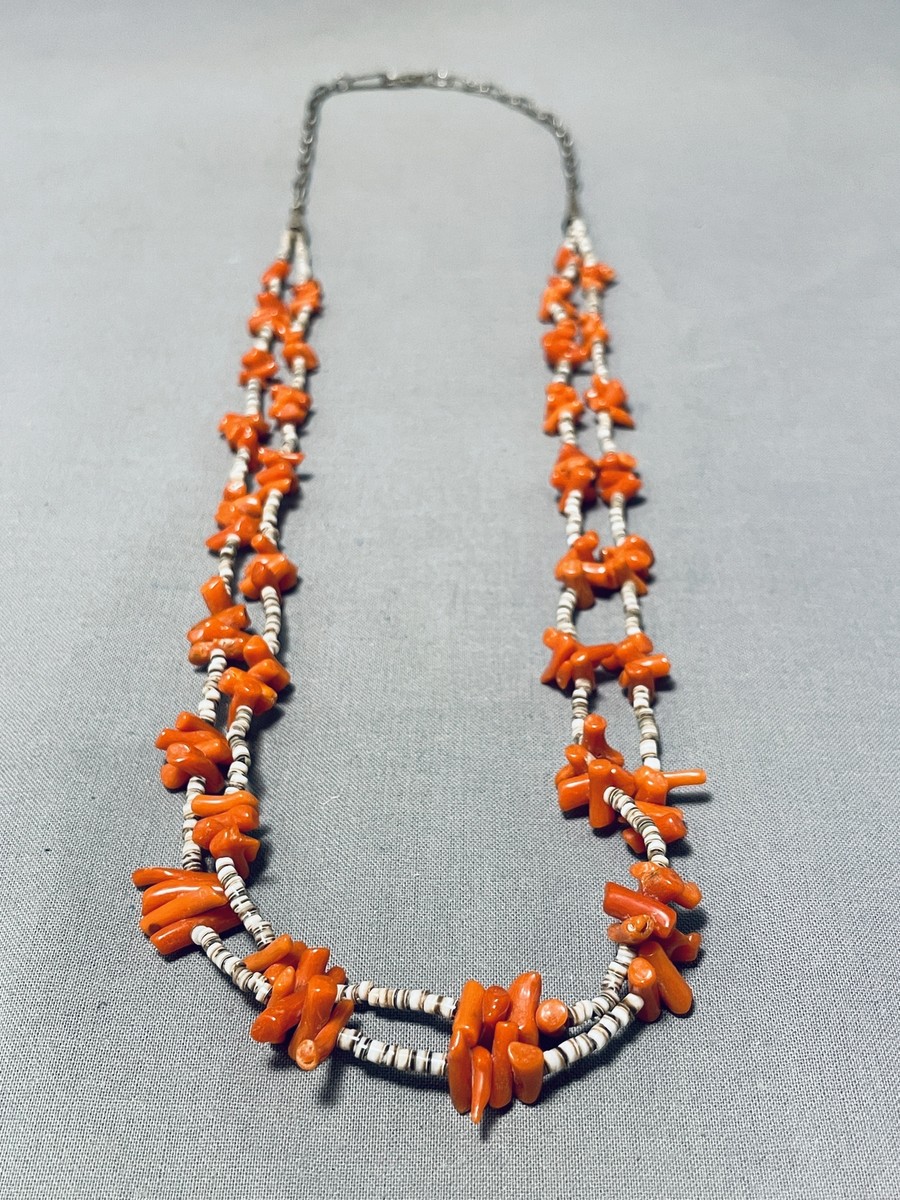 Coral Clumps Vintage Native American Navajo Heishi Sterling Silver Necklace Old Coral Clumps Vintage Native American Navajo Heishi Sterling Silver Necklace Old