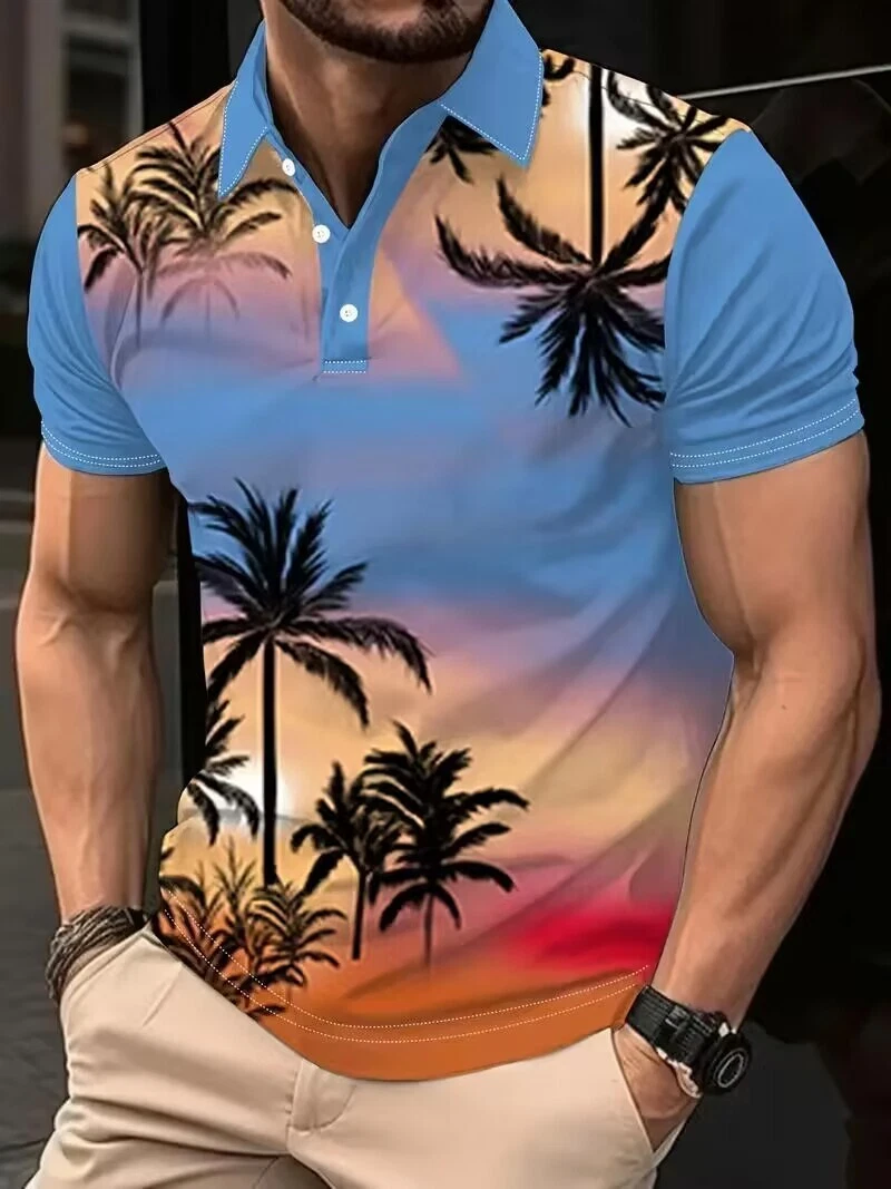 Polo Sunset Coconut Trees Print pattern Short Sleeve Lapel Button Up T Shirt - Picture 1 of 3
