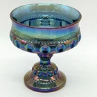 Blue Carnival Glass King’s Crown Compote Indiana Glass Pedestal Bowl Iridescent