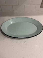 robin's egg blue enamelware Oval Serving Tray with contrasting black Trim
