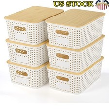 Stackable Bamboo Lid Storage Bins 6 Pack Plastic Organizers Home Office Use
