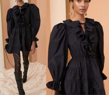 ULLA JOHNSON Ruffle Front Long Sleeve Cotton Mini Dress, Noir, women’s size 2