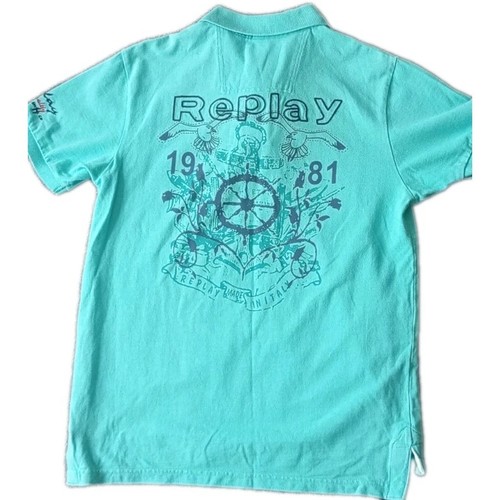 Replay Jeans Polo Shirt Printed Front&Back Embroidered Logo Turquoise Sz Large - Picture 11 of 14