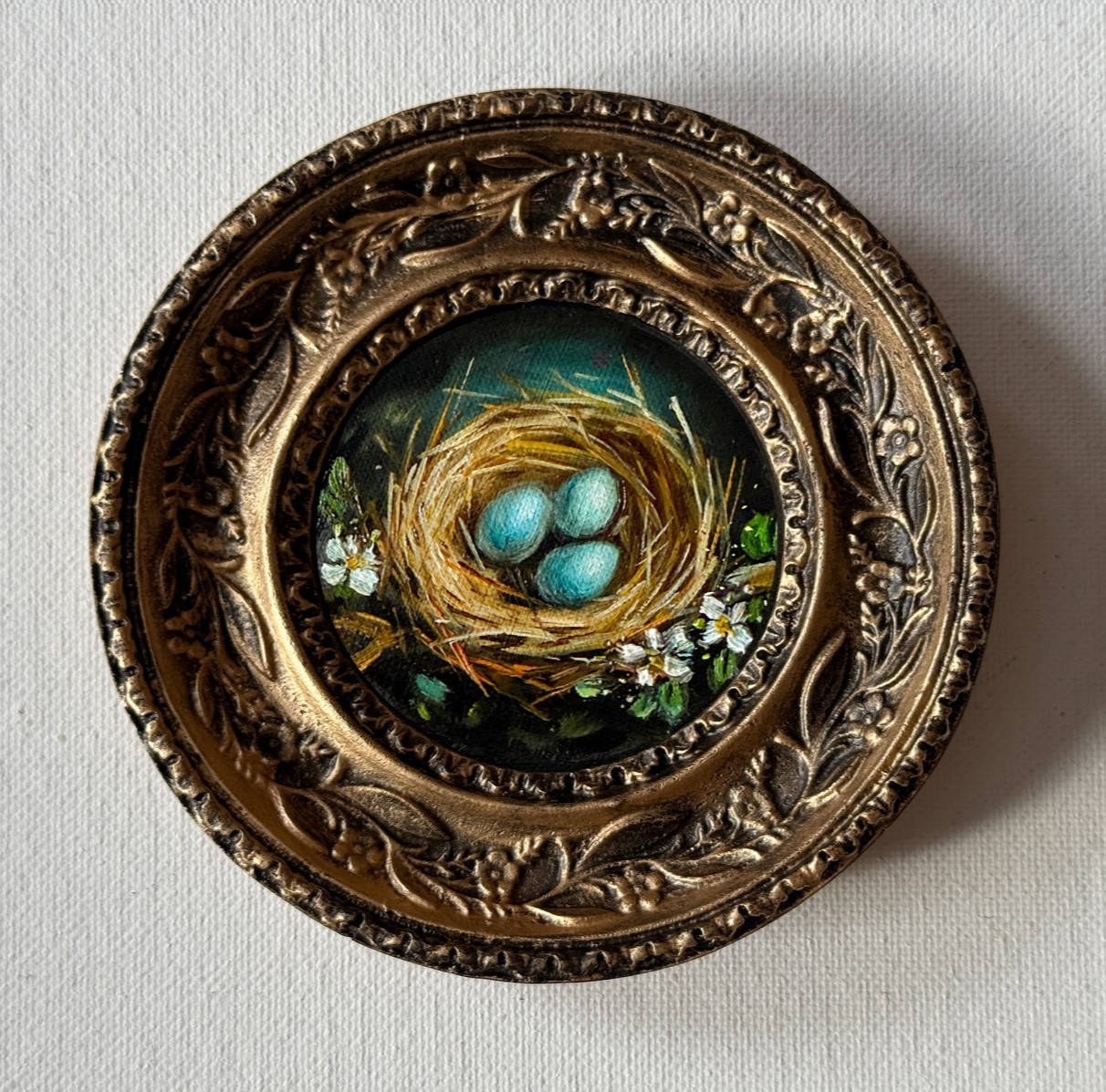 Original Oil Painting Miniature Gold Framed Bird Nest Hand Painted Art