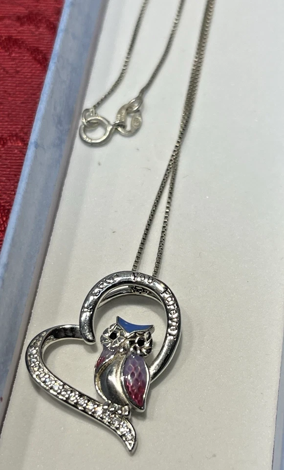 Винтажный серебро S925 цветной сова в сердце "я люблю тебя навсегда", CZs ожерелье - Изображение 2 из 4